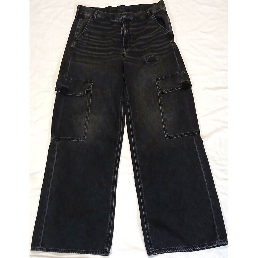 AMERICAN EAGLE BAGGY CARGO JEANS WOMENS 12 BLACK WIDE LEG Y2K